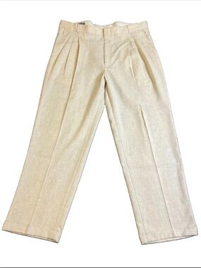 Vintage Untied Pleated Pants Beige Linen Feel 40x30 Cuffed Coastal Grandpa Boho